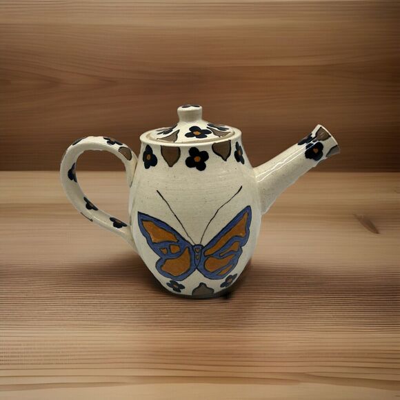 Artist Handmade Glazed Pottery Pitcher Butterfly Floral Design Spring Decor - Picture 1 of 16